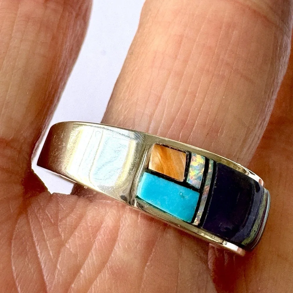 Navajo Inlay Turquoise Opal Multi Wedding Band Ring Sz 11 9mm Mens Signed‎ AT